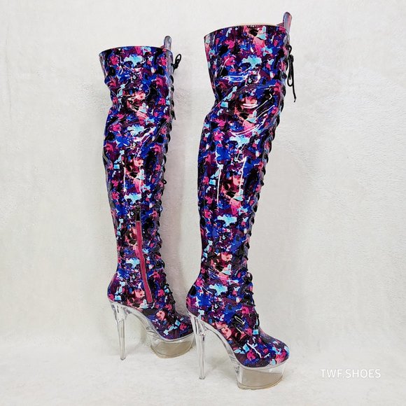 Bulls Cobalt Multi Color Print Patent OTK Clear Platform High Heel Thigh Boots - Picture 1 of 13
